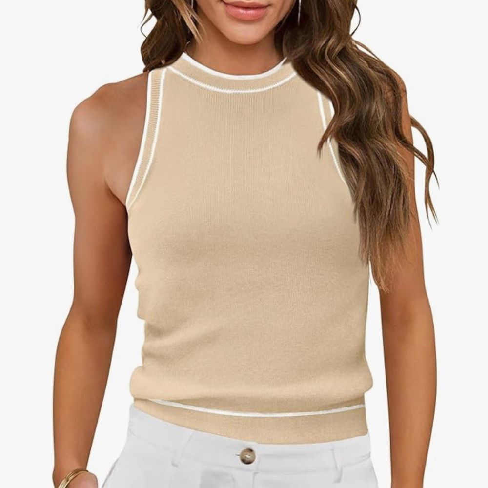 MIHOLL Ribbed Summer Racerback Tank Tops Sleeveless Halter Knit‎ Cream Medium